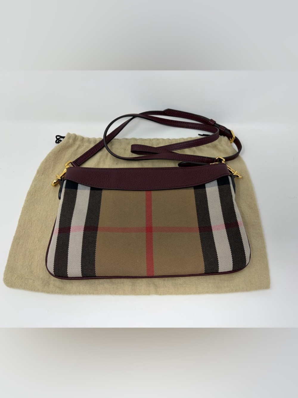 Burberry Tan Nova Check Crossbody with Maroon Leather Trim - Picture 3 of 7